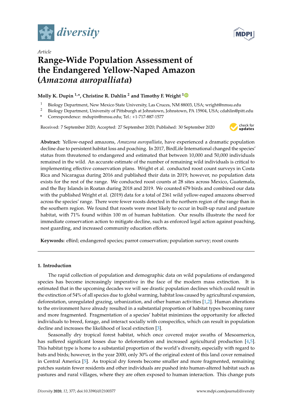 Range-Wide Population Assessment of the Endangered Yellow-Naped Amazon (Amazona Auropalliata)