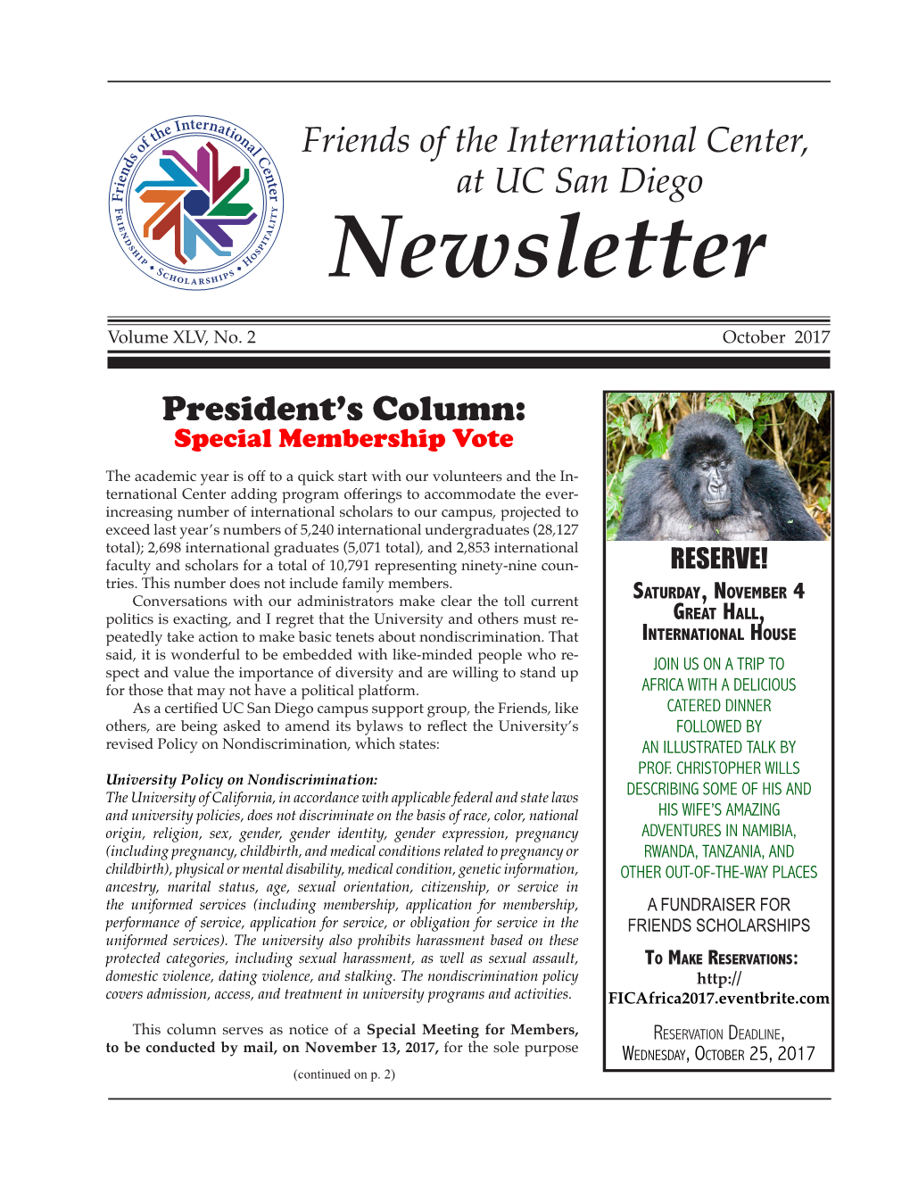 Friends of the International Center, at UC San Diego Newsletter