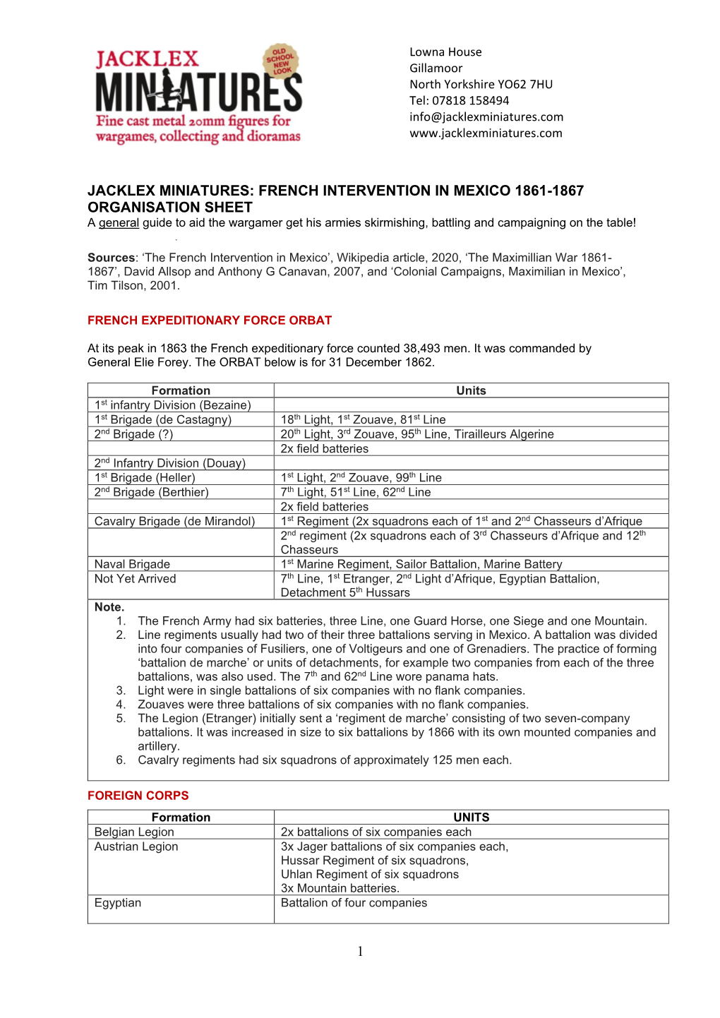 FRENCH INTERVENTION in MEXICO 1861-1867 ORGANISATION SHEET a General Guide to Aid the Wargamer Get His Armies Skirmishing, Battling and Campaigning on the Table!