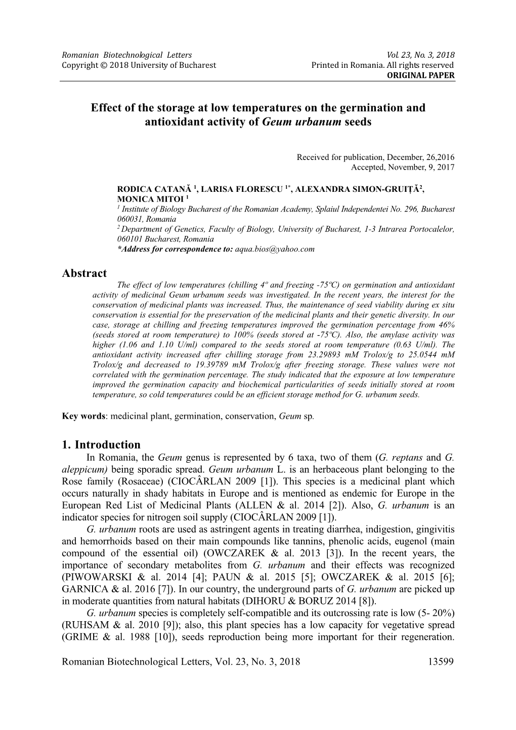 Effect of the Storage at Low Temperatures on the Germination and Antioxidant Activity of Geum Urbanum Seeds