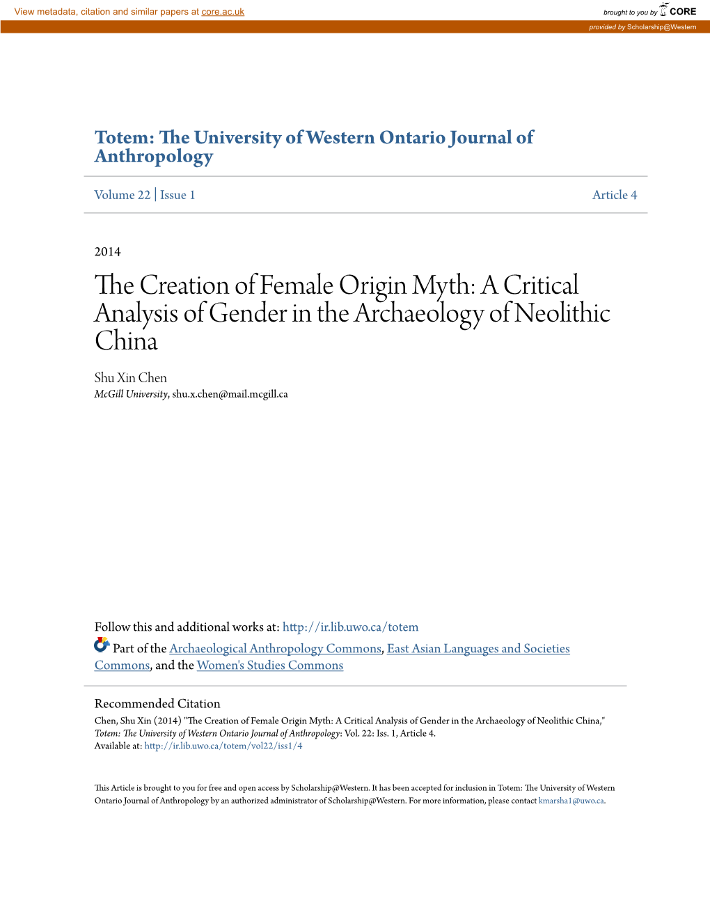 A Critical Analysis of Gender in the Archaeology of Neolithic China Shu Xin Chen Mcgill University, Shu.X.Chen@Mail.Mcgill.Ca