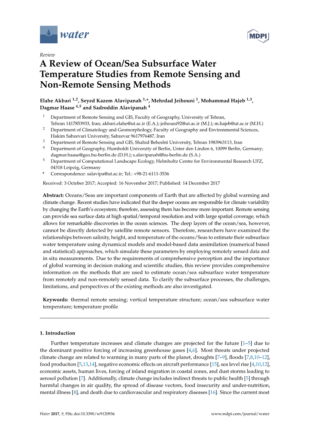 A Review of Ocean/Sea Subsurface Water Temperature Studies from Remote Sensing and Non-Remote Sensing Methods