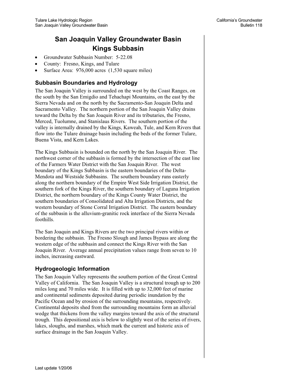 San Joaquin Valley Groundwater Basin Kings Subbasin