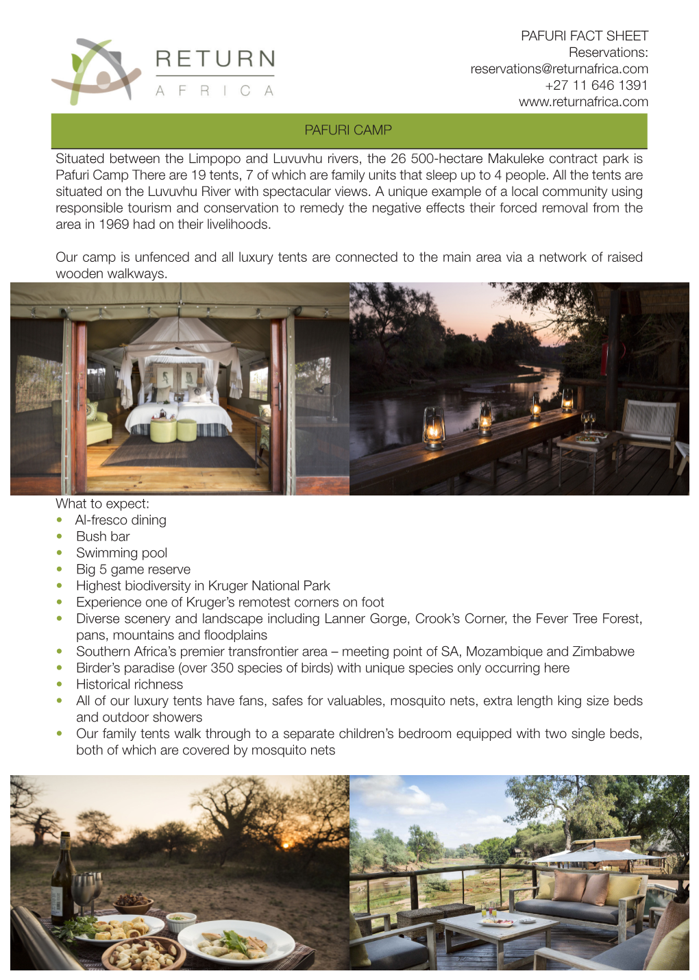 PAFURI FACT SHEET Reservations: Reservations@Returnafrica.Com +27 11 646 1391