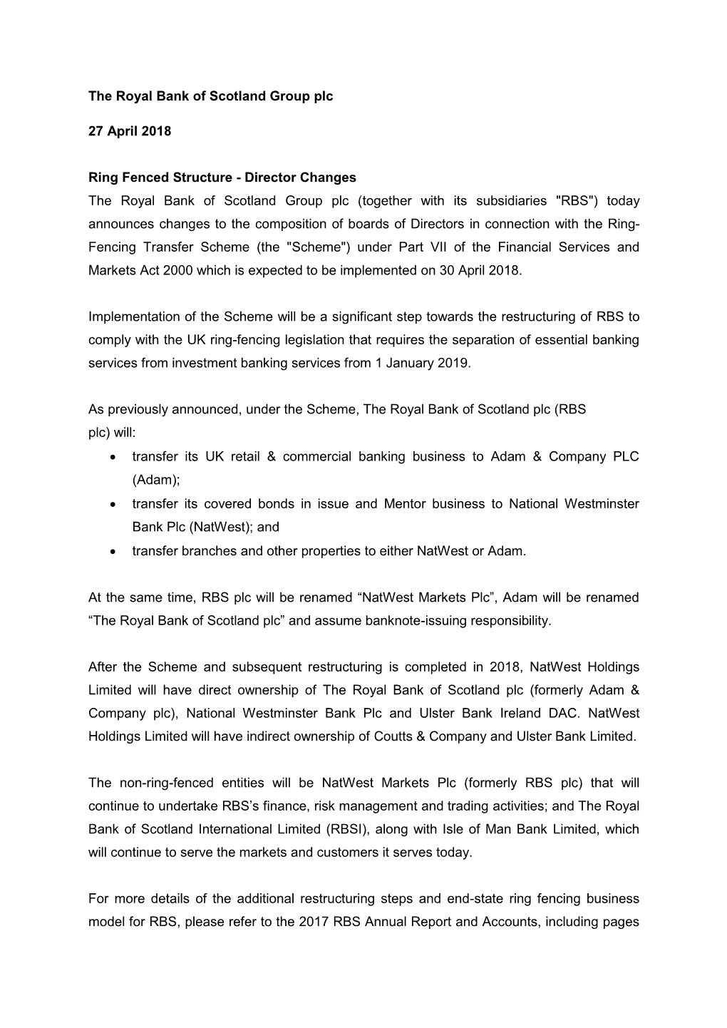 The Royal Bank of Scotland Group Plc 27 April 2018 Ring Fenced Structure