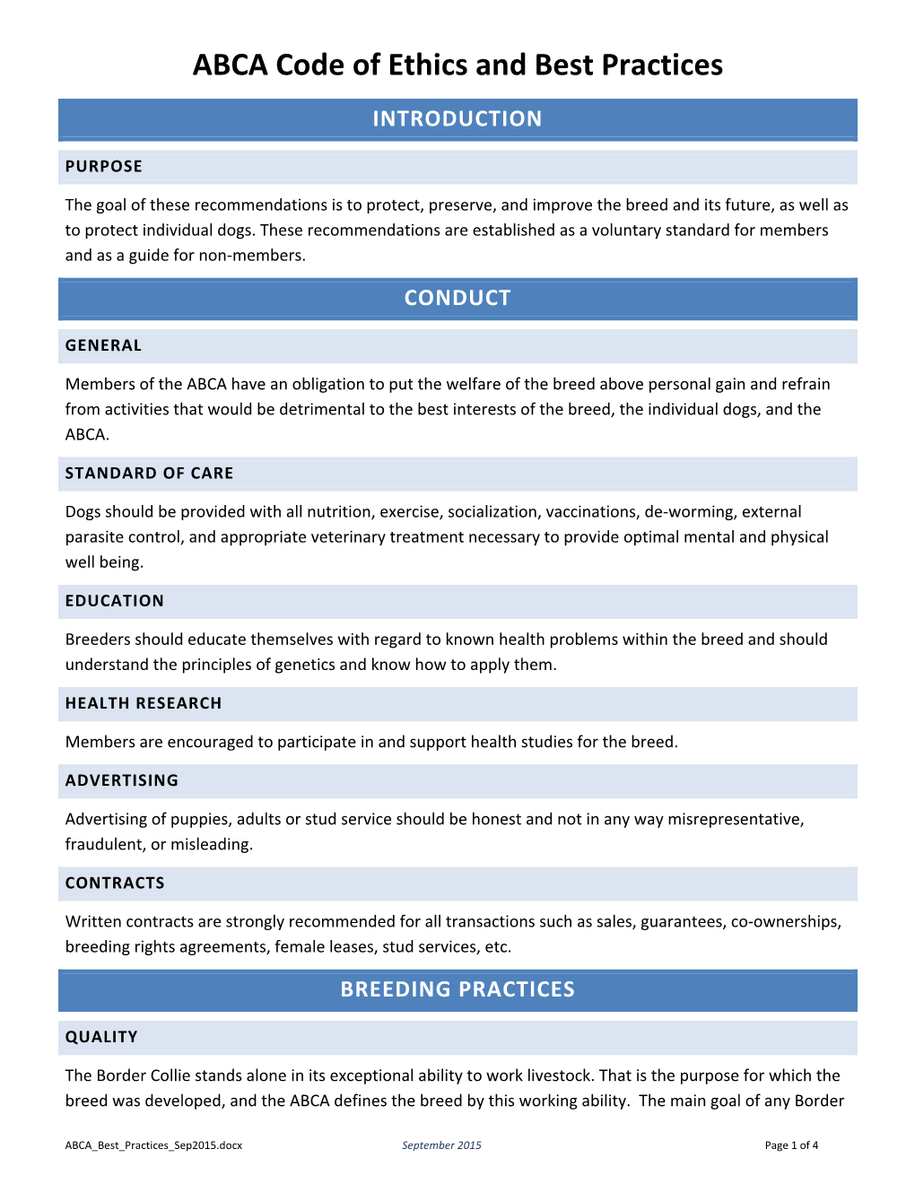 ABCA Code of Ethics and Best Practices