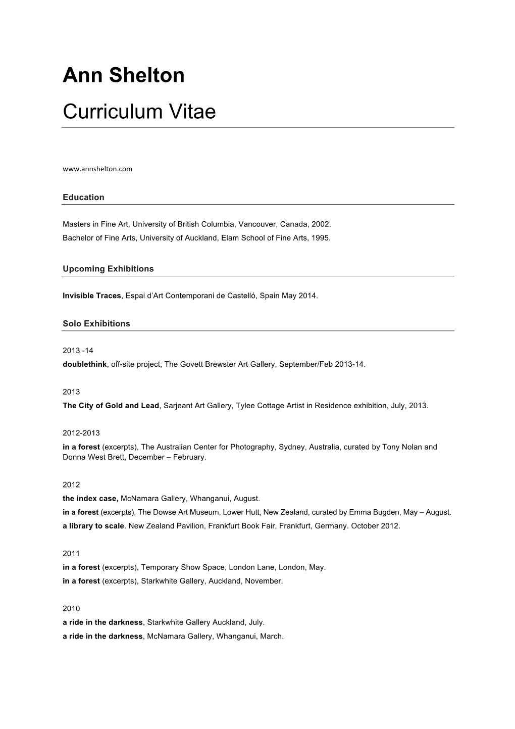 Ann Shelton Curriculum Vitae