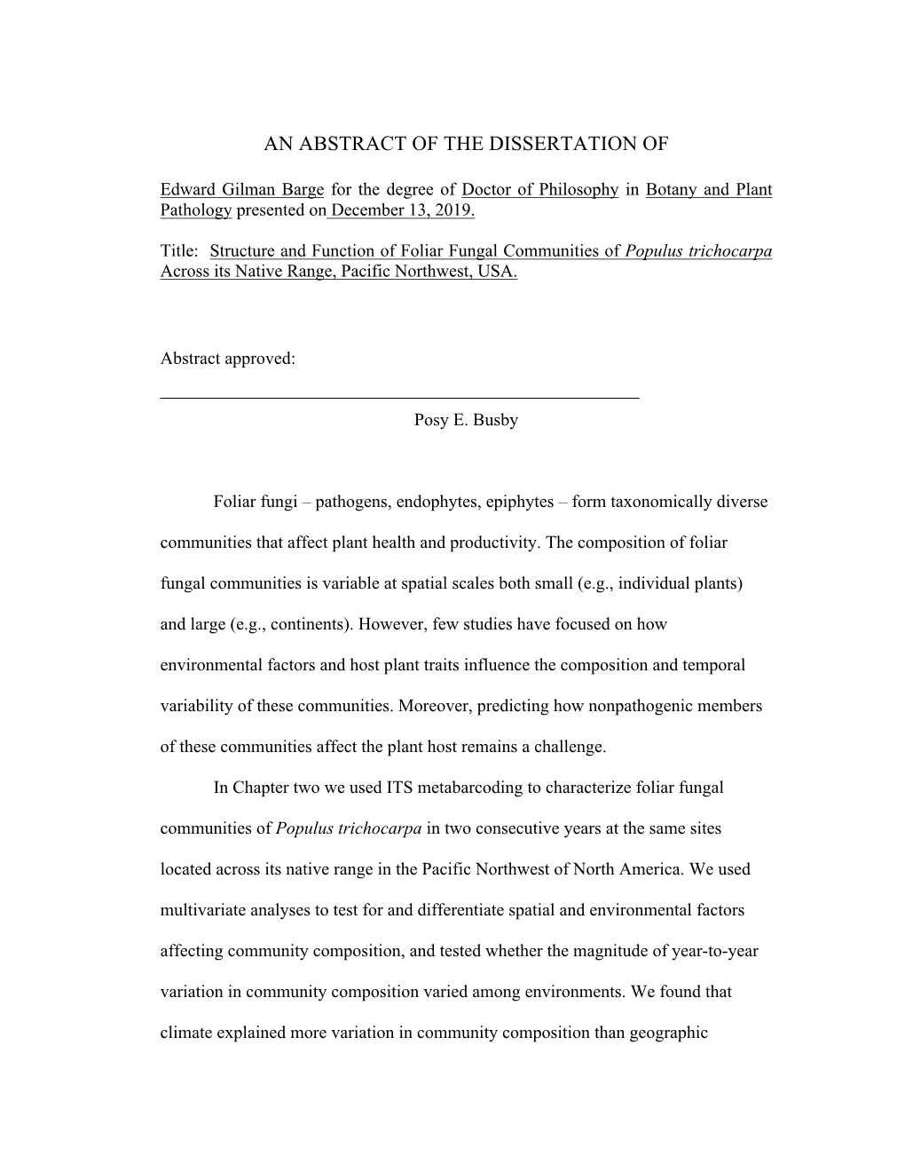 An Abstract of the Dissertation Of