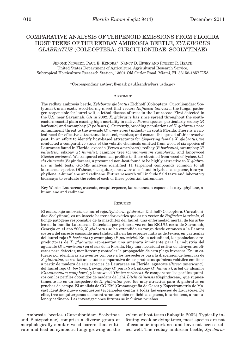 Comparative Analysis of Terpenoid Emissions from Florida Host Trees of the Redbay Ambrosia Beetle, Xyleborus Glabratus (Coleoptera: Curculionidae: Scolytinae)