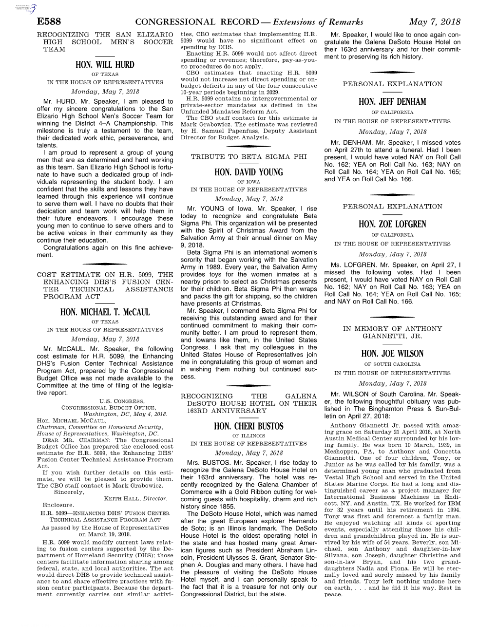 CONGRESSIONAL RECORD— Extensions of Remarks E588 HON. WILL HURD HON. MICHAEL T. Mccaul HON. DAVID YOUNG HON. CHERI BUSTOS HON