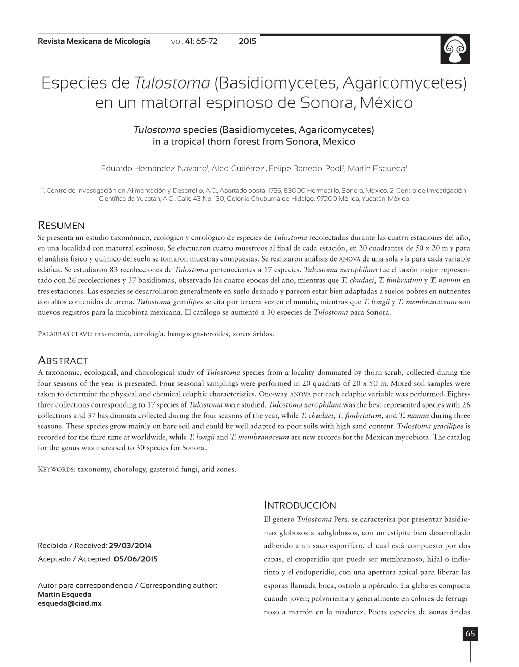 Especies De Tulostoma (Basidiomycetes, Agaricomycetes) En Un Matorral Espinoso De Sonora, México