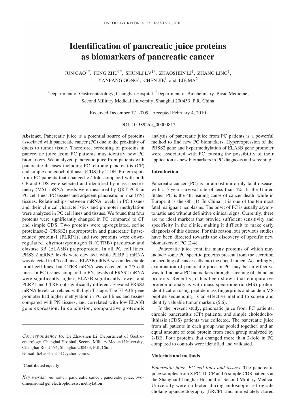 Identification of Pancreatic Juice Proteins As Biomarkers of Pancreatic Cancer