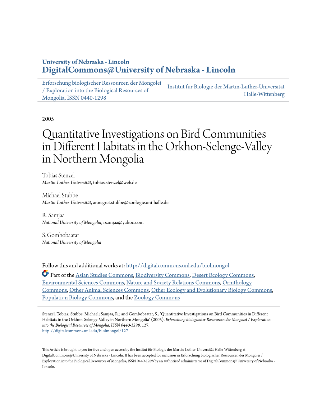 Quantitative Investigations on Bird Communities in Different Habitats in the Orkhon-Selenge-Valley in Northern Mongolia