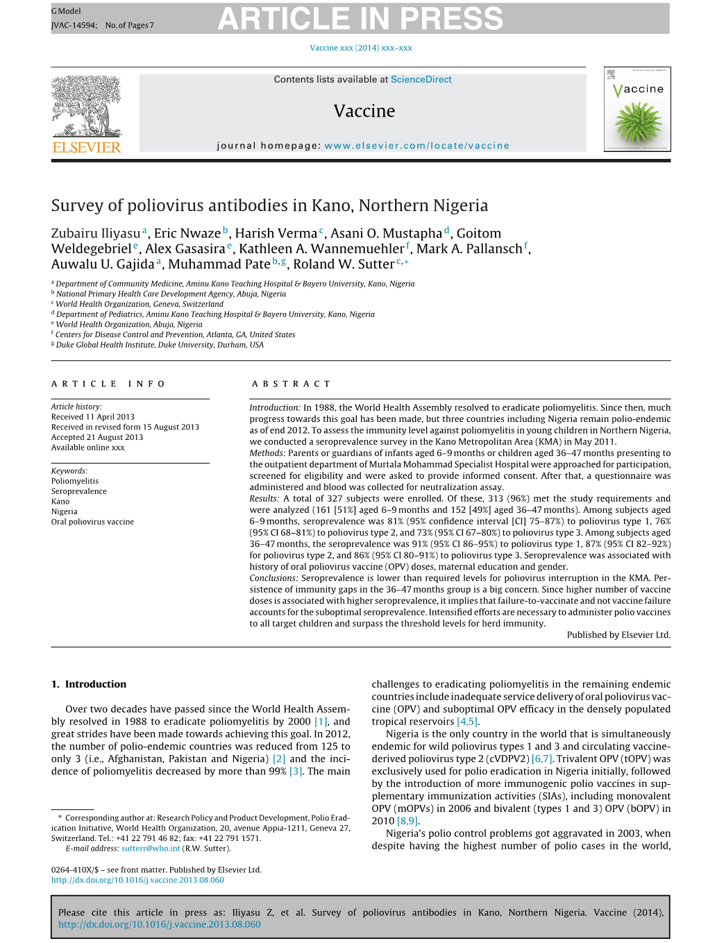 Survey of Poliovirus Antibodies in Kano, Northern Nigeria