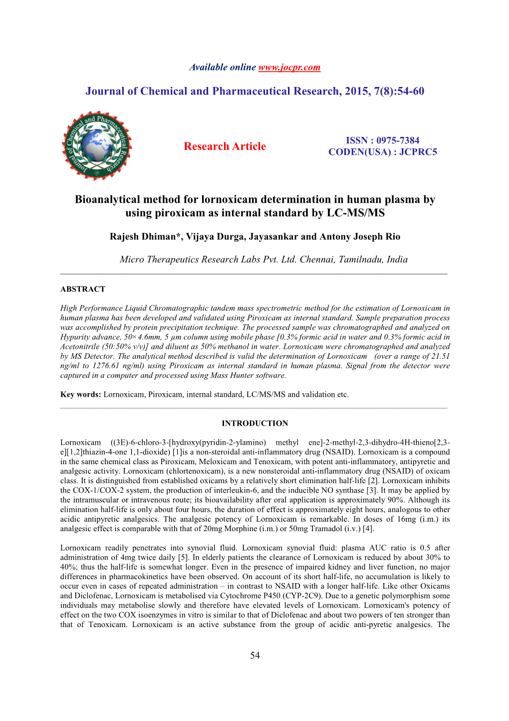 54-60 Research Article Bioanalytical Method for Lornoxicam Deter