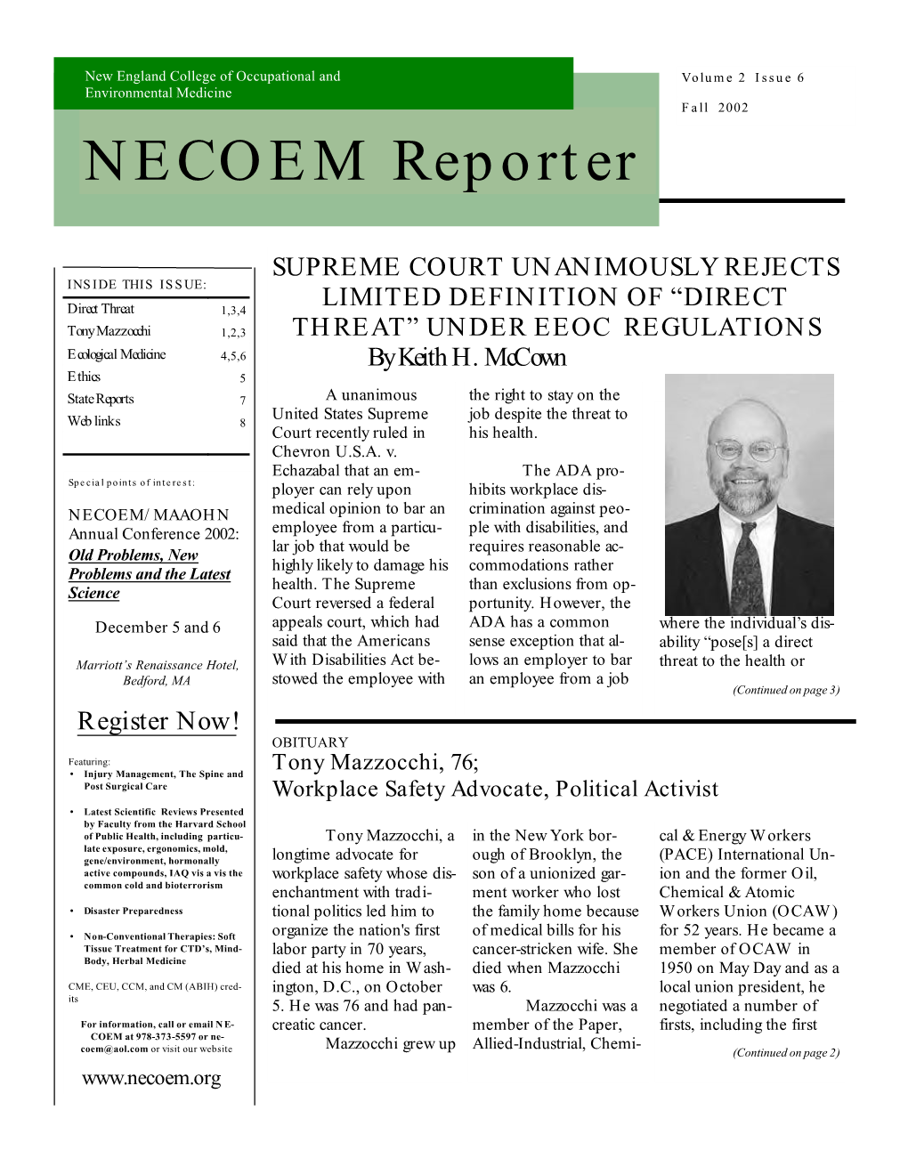 Direct Threat 1,3,4 LIMITED DEFINITION of “DIRECT Tony Mazzocchi 1,2,3 THREAT” UNDER EEOC REGULATIONS Ecological Medicine 4,5,6 by Keith H