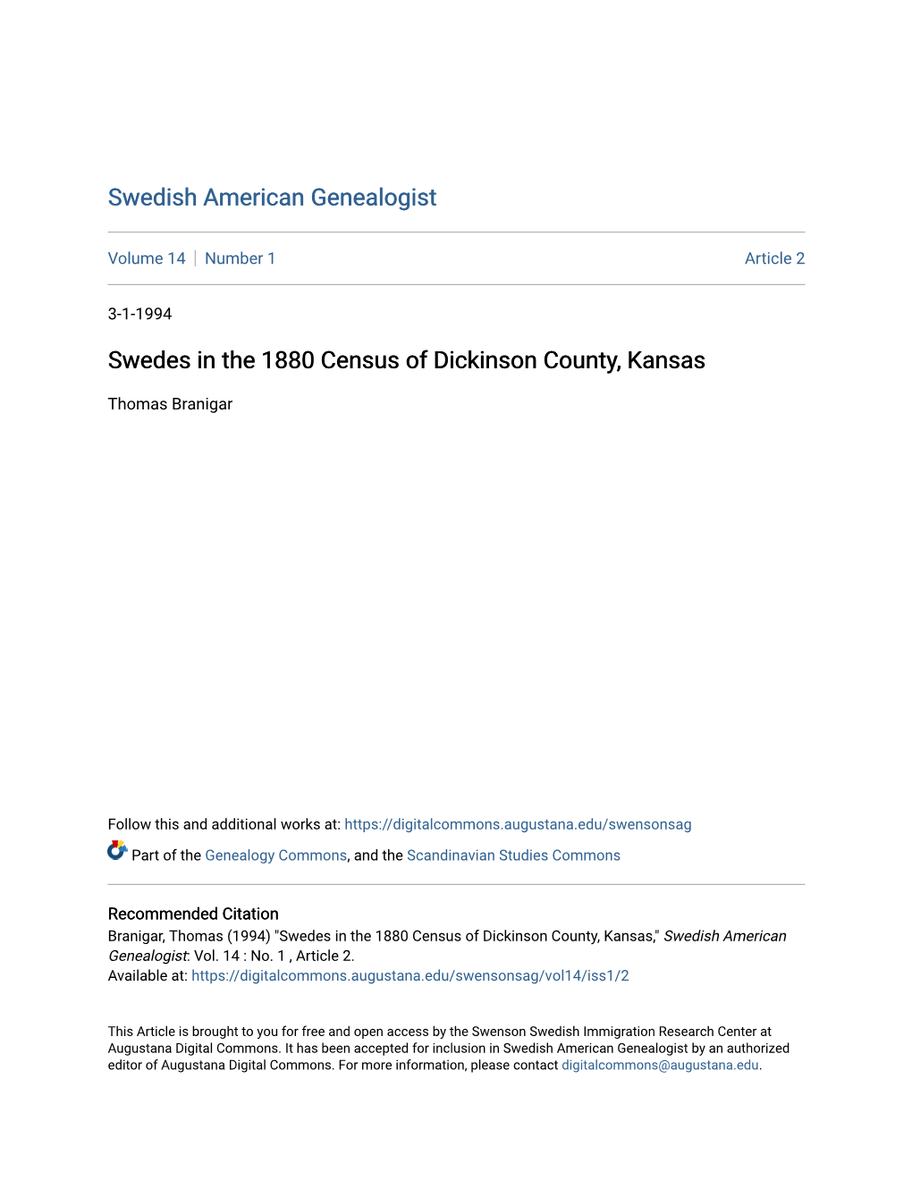 Swedes in the 1880 Census of Dickinson County, Kansas