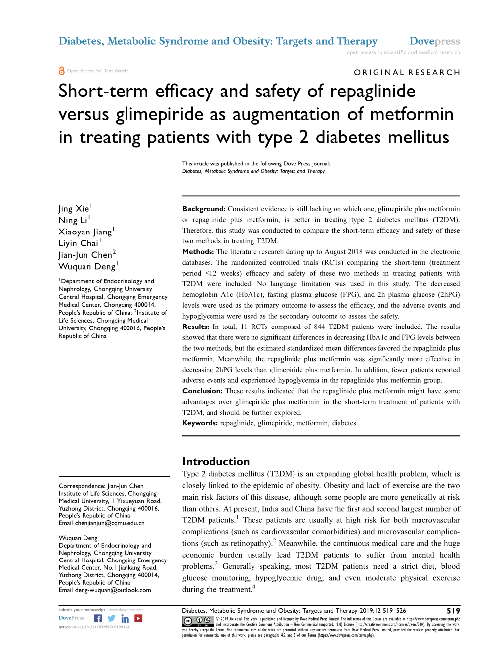 Short-Term Efficacy and Safety of Repaglinide Versus Glimepiride As