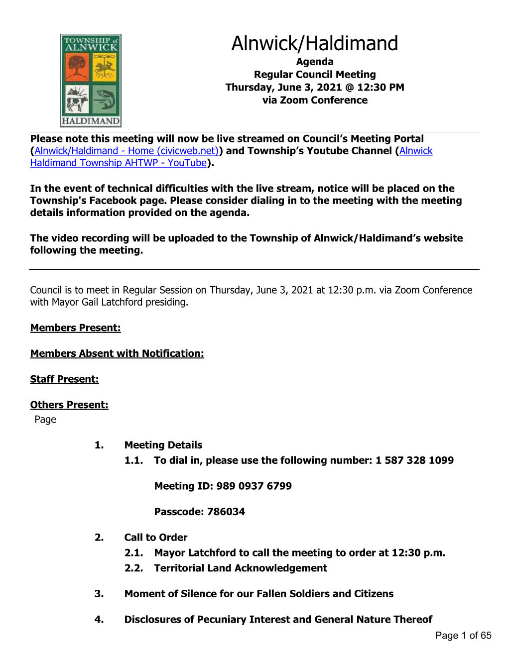 Regular Council Meeting Thursday, June 3, 2021 @ 12:30 PM Via Zoom Conference