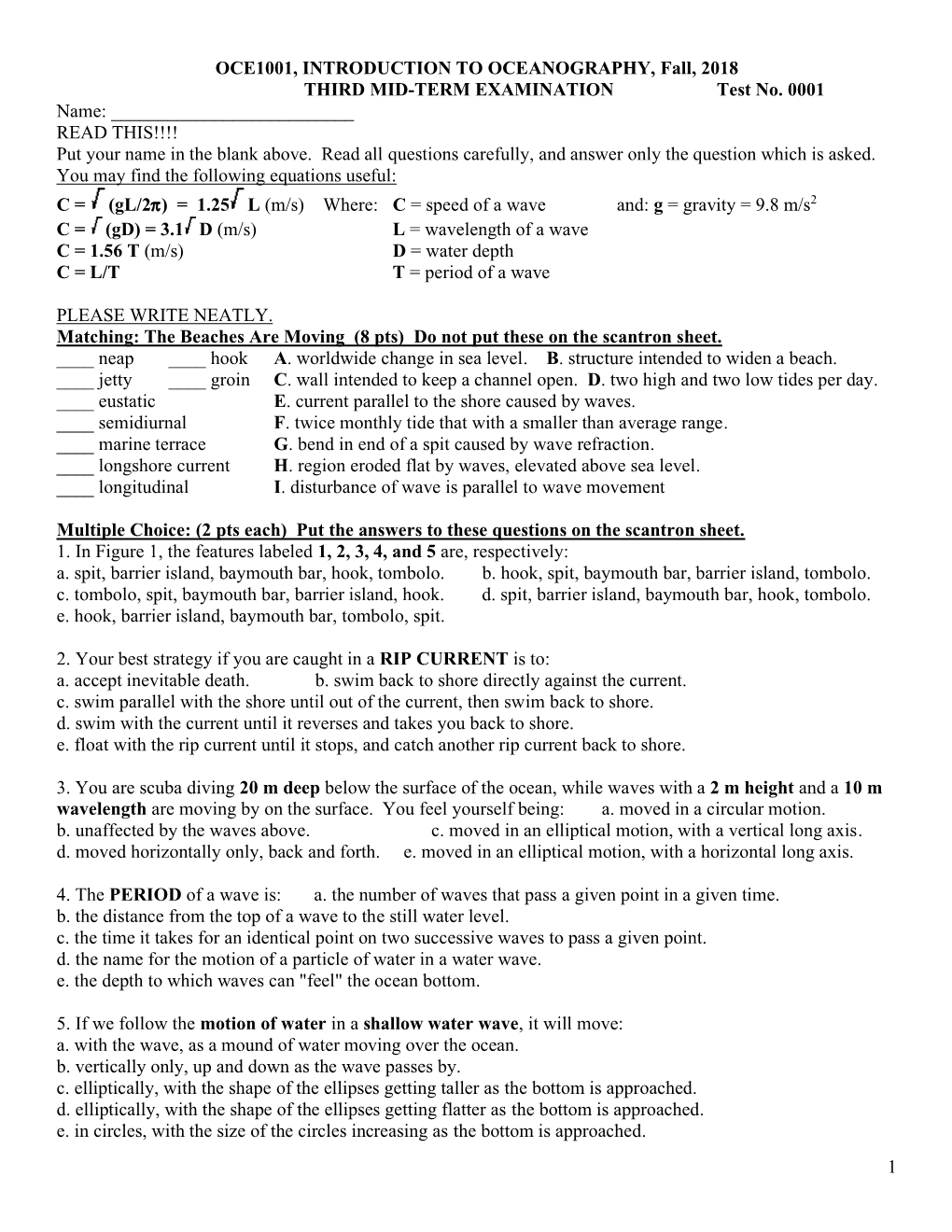 Oce1001, Introduction to Oceanography, Fall, 2005