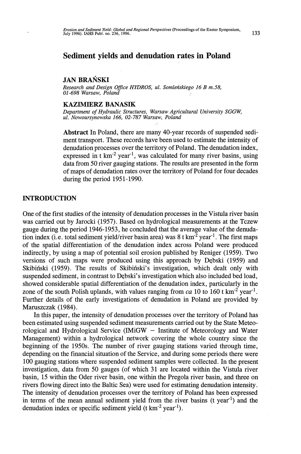 Sediment Yields and Denudation Rates in Poland