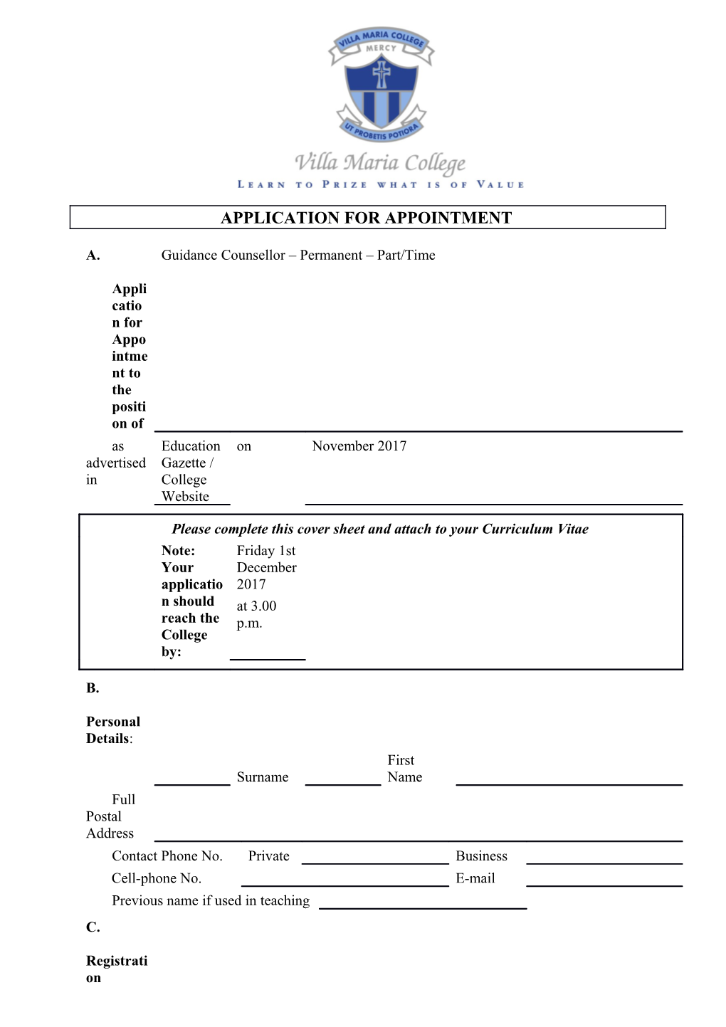 Application for Appointment to a Teaching Position