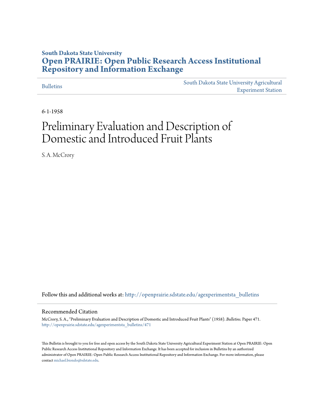 Preliminary Evaluation and Description of Domestic and Introduced Fruit Plants S