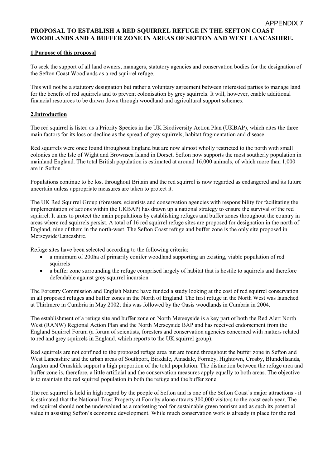 Appendix 7 Proposal to Establish a Red Squirrel Refuge in the Sefton Coast Woodlands and a Buffer Zone in Areas of Sefton and West Lancashire