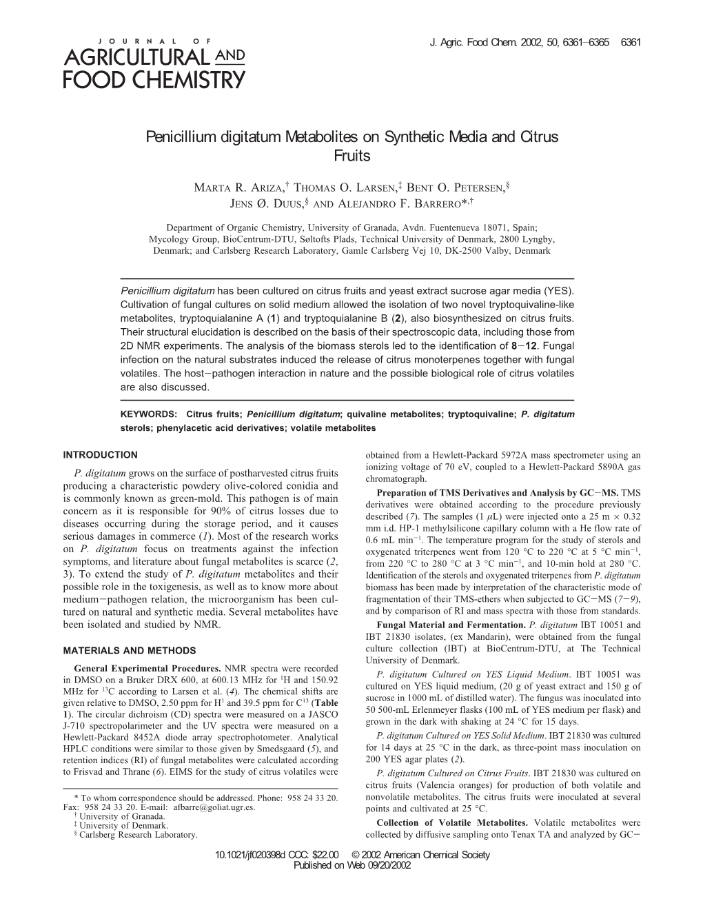 Penicillium Digitatum Metabolites on Synthetic Media and Citrus Fruits