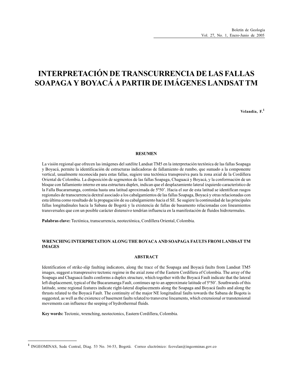 Interpretación De Transcurrencia De Las Fallas Soapaga Y Boyacá a Partir De Imágenes Landsat Tm