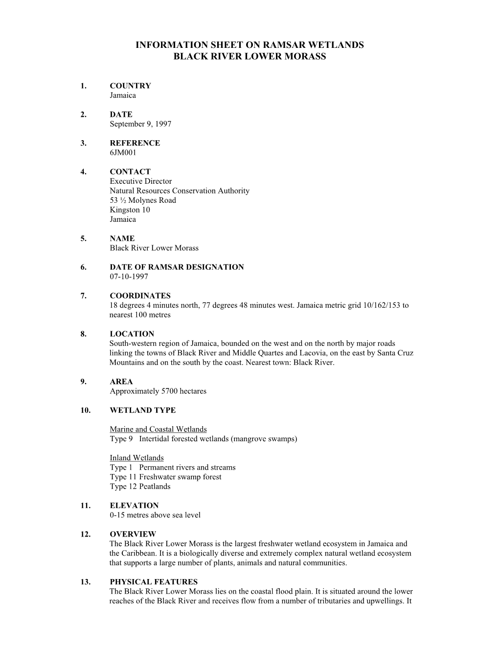 Information Sheet on Ramsar Wetlands Black River Lower Morass