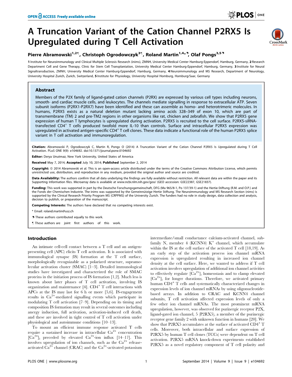 A Truncation Variant of the Cation Channel P2RX5 Is Upregulated During T Cell Activation