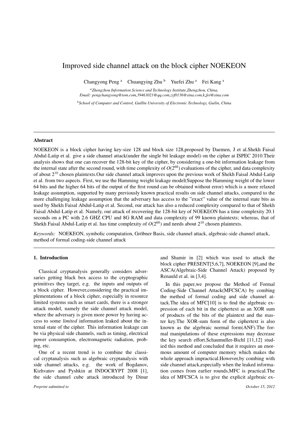 Improved Side Channel Attack on the Block Cipher NOEKEON