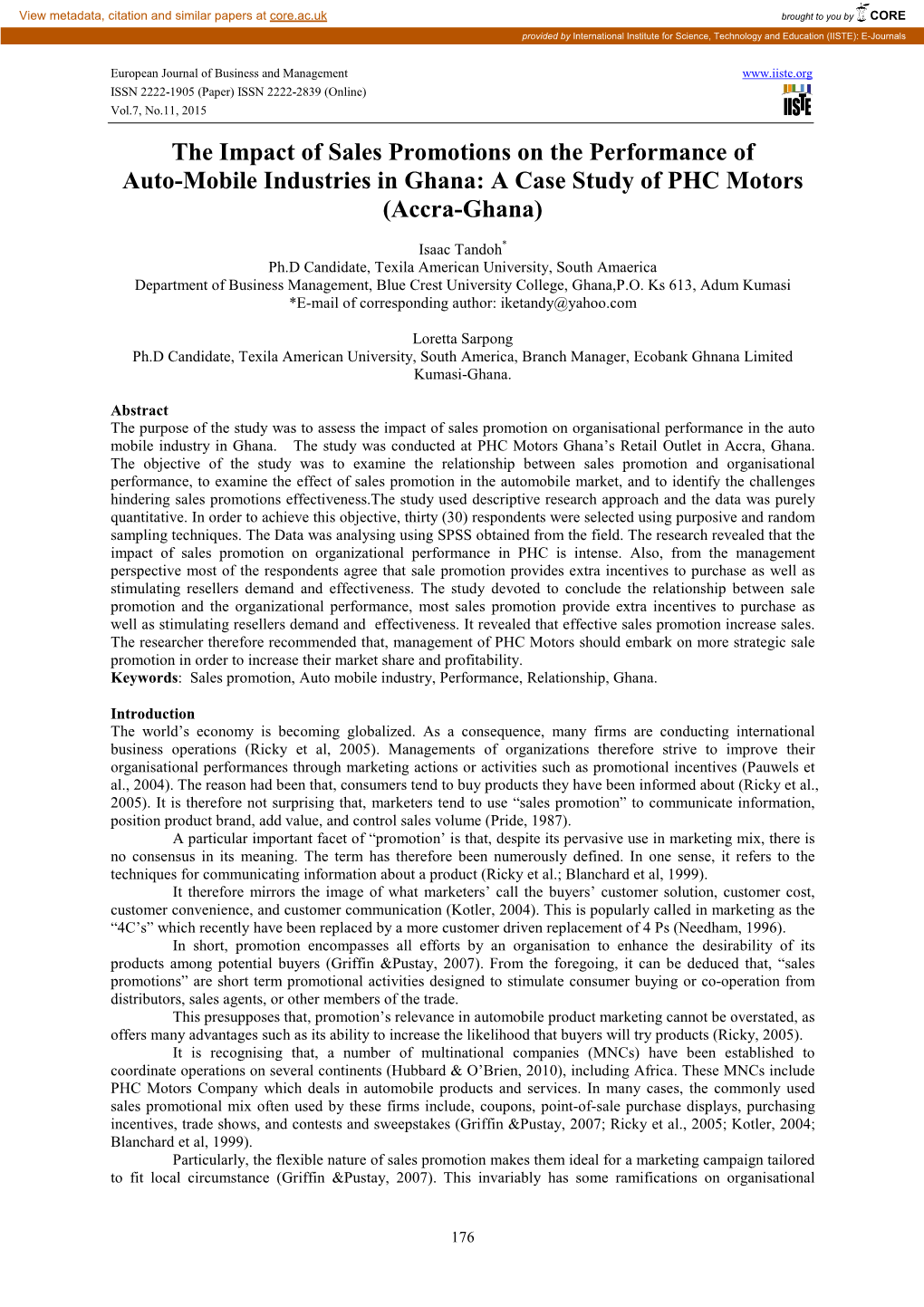 The Impact of Sales Promotions on the Performance of Auto-Mobile Industries in Ghana: a Case Study of PHC Motors (Accra-Ghana)