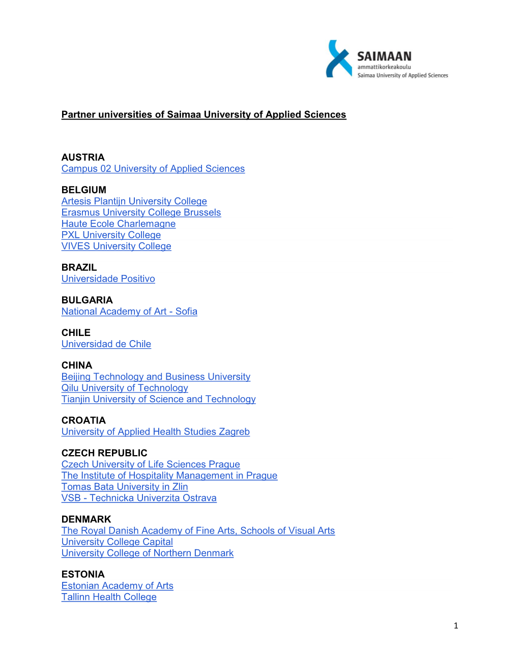 Partner Universities of Saimaa University of Applied Sciences