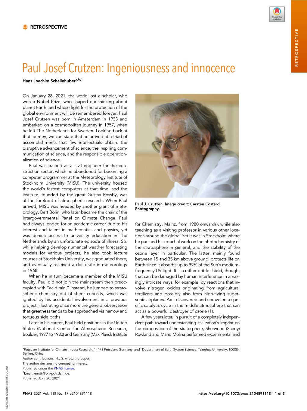 Paul Josef Crutzen: Ingeniousness and Innocence RETROSPECTIVE Hans Joachim Schellnhubera,B,1