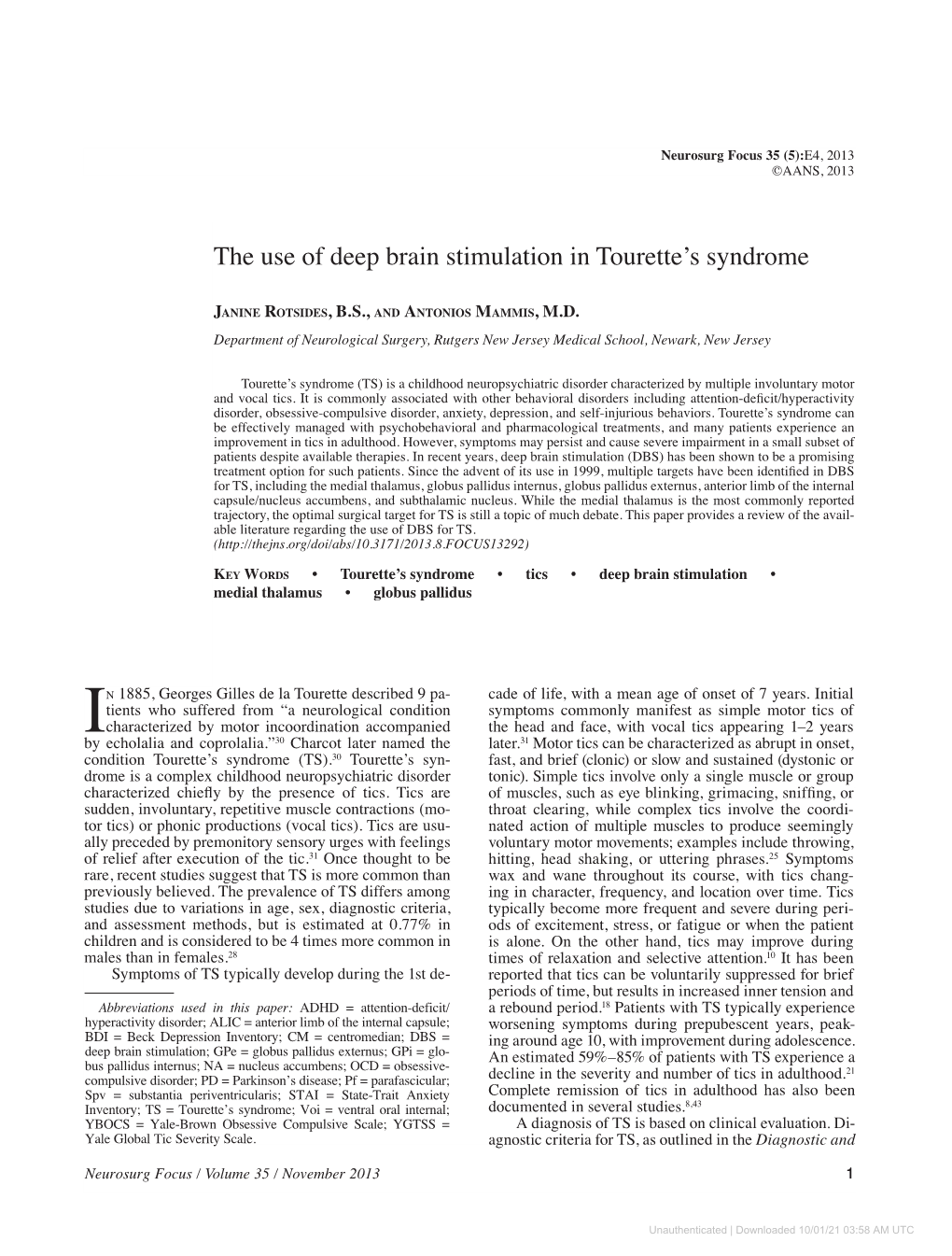 The Use of Deep Brain Stimulation in Tourette's Syndrome