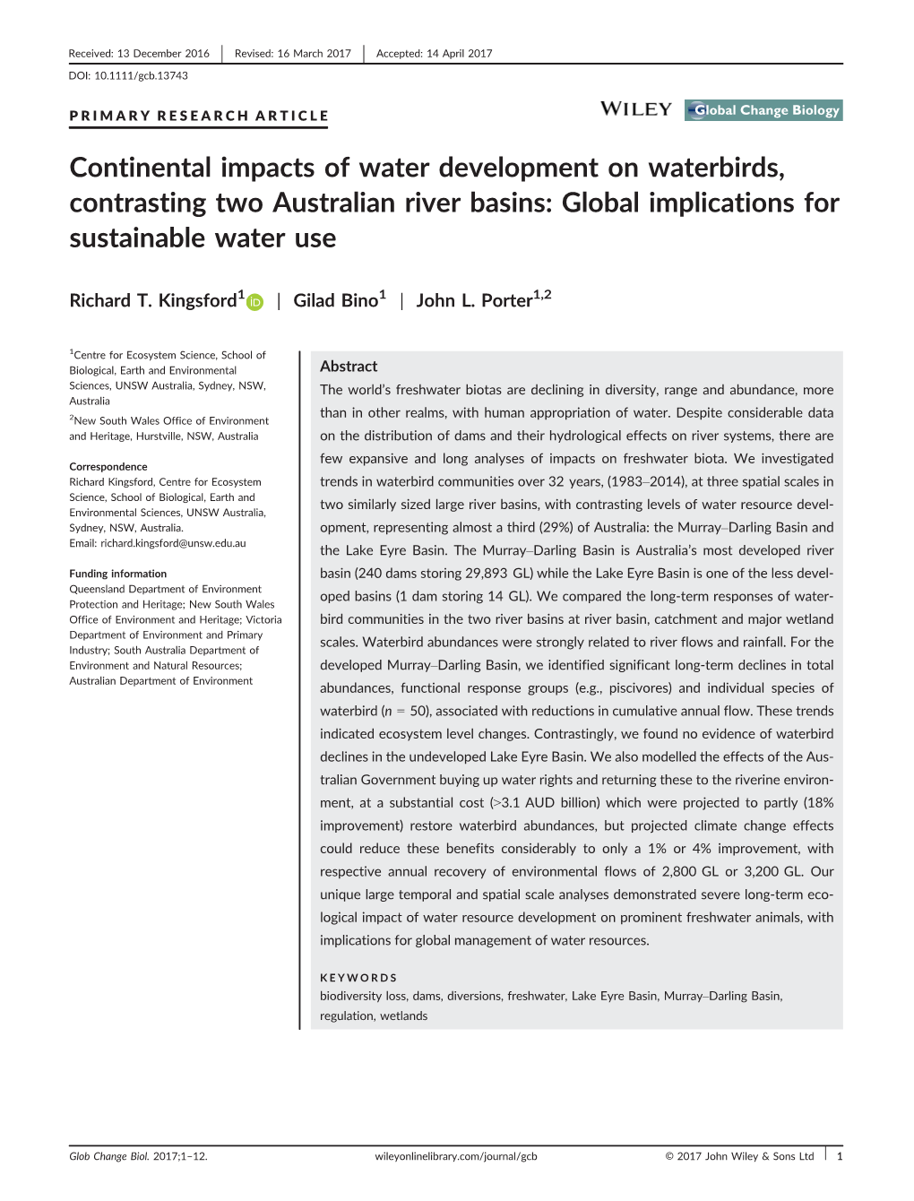 Continental Impacts of Water Development on Waterbirds, Contrasting Two Australian River Basins: Global Implications for Sustainable Water Use