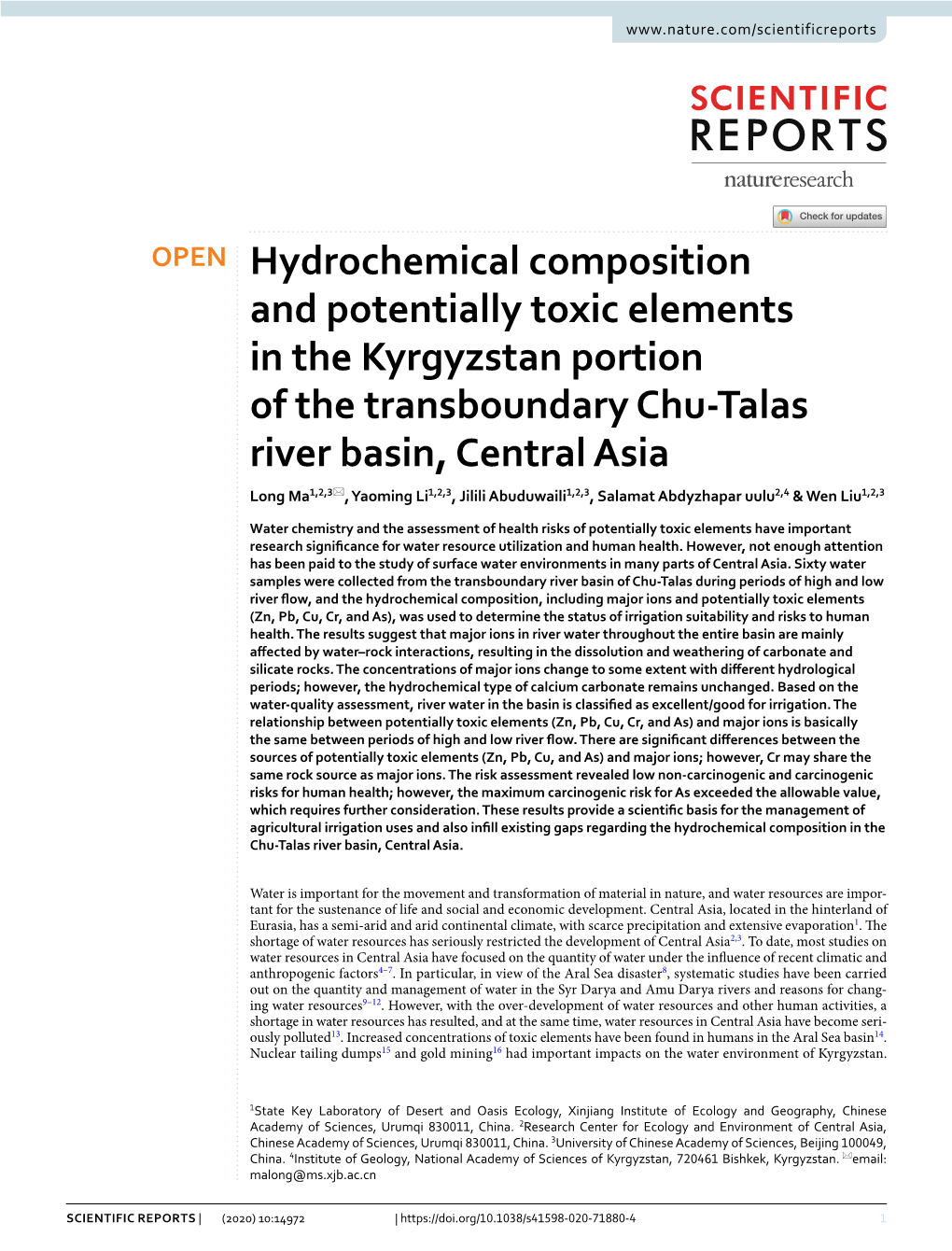 Hydrochemical Composition and Potentially Toxic Elements in the Kyrgyzstan Portion of the Transboundary Chu-Talas River Basin, C