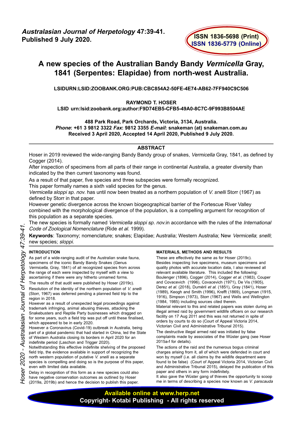 A New Species of the Australian Bandy Bandy Vermicella Gray, 1841 (Serpentes: Elapidae) from North-West Australia