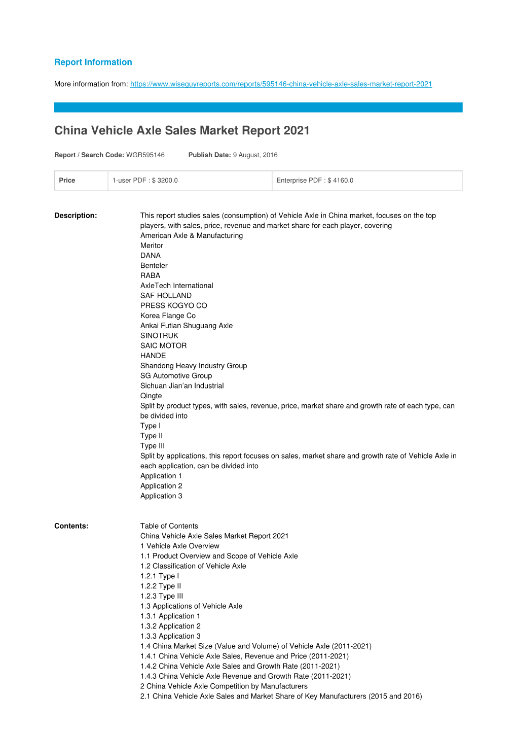 China Vehicle Axle Sales Market Report 2021