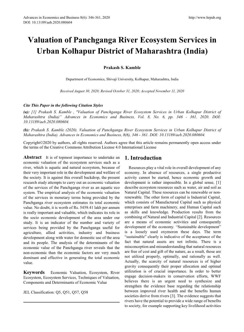Valuation of Panchganga River Ecosystem Services in Urban Kolhapur District of Maharashtra (India)