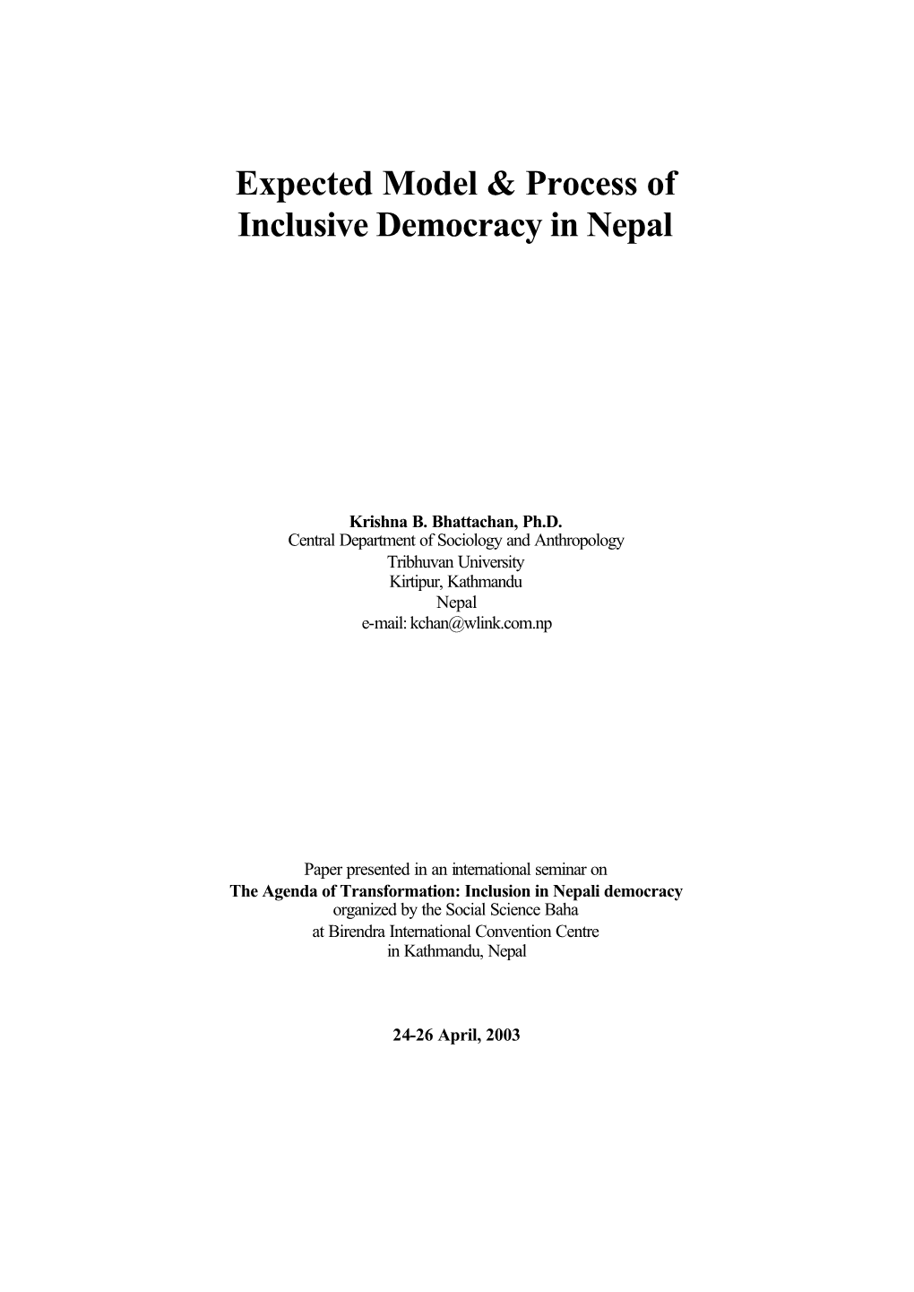 Expected Model & Process of Inclusive Democracy in Nepal