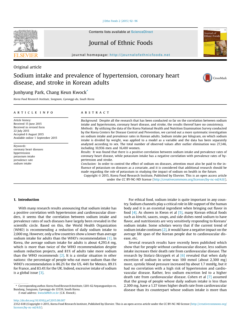 Sodium Intake and Prevalence of Hypertension, Coronary Heart Disease, and Stroke in Korean Adults