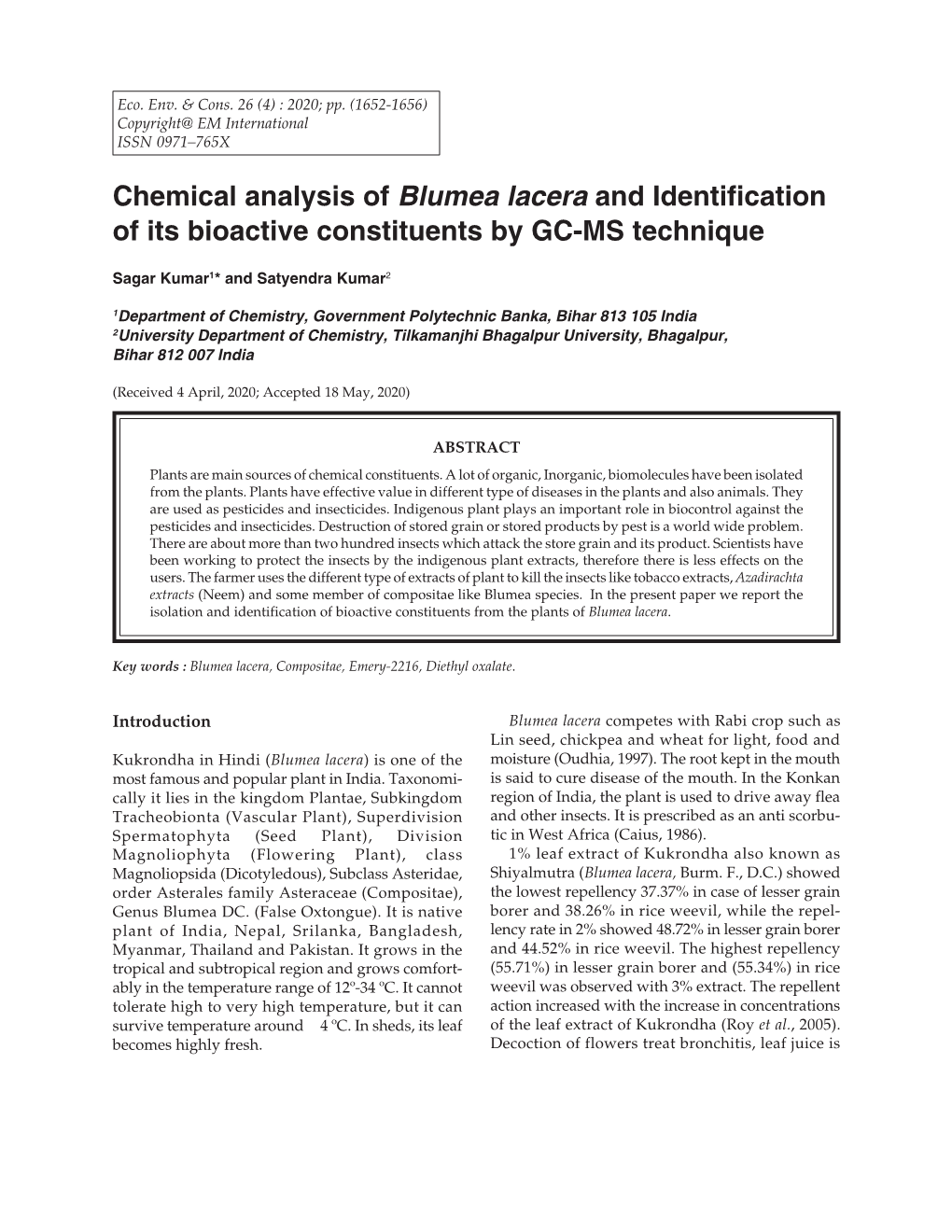Chemical Analysis of Blumea Lacera and Identification of Its Bioactive Constituents by GC-MS Technique