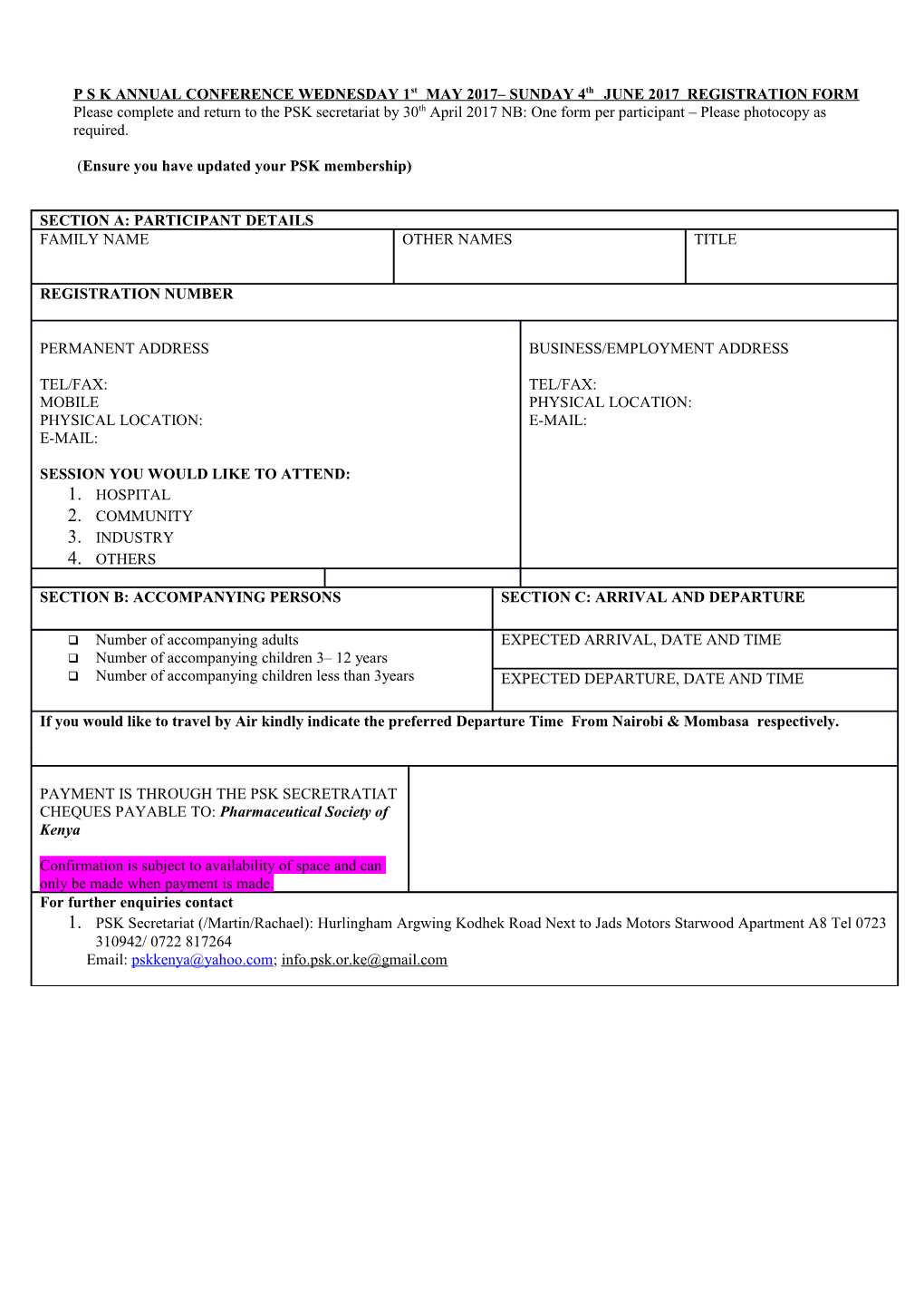 P S K ANNUAL CONFERENCE WEDNESDAY 1St MAY 2017 SUNDAY 4Th JUNE 2017 REGISTRATION FORM