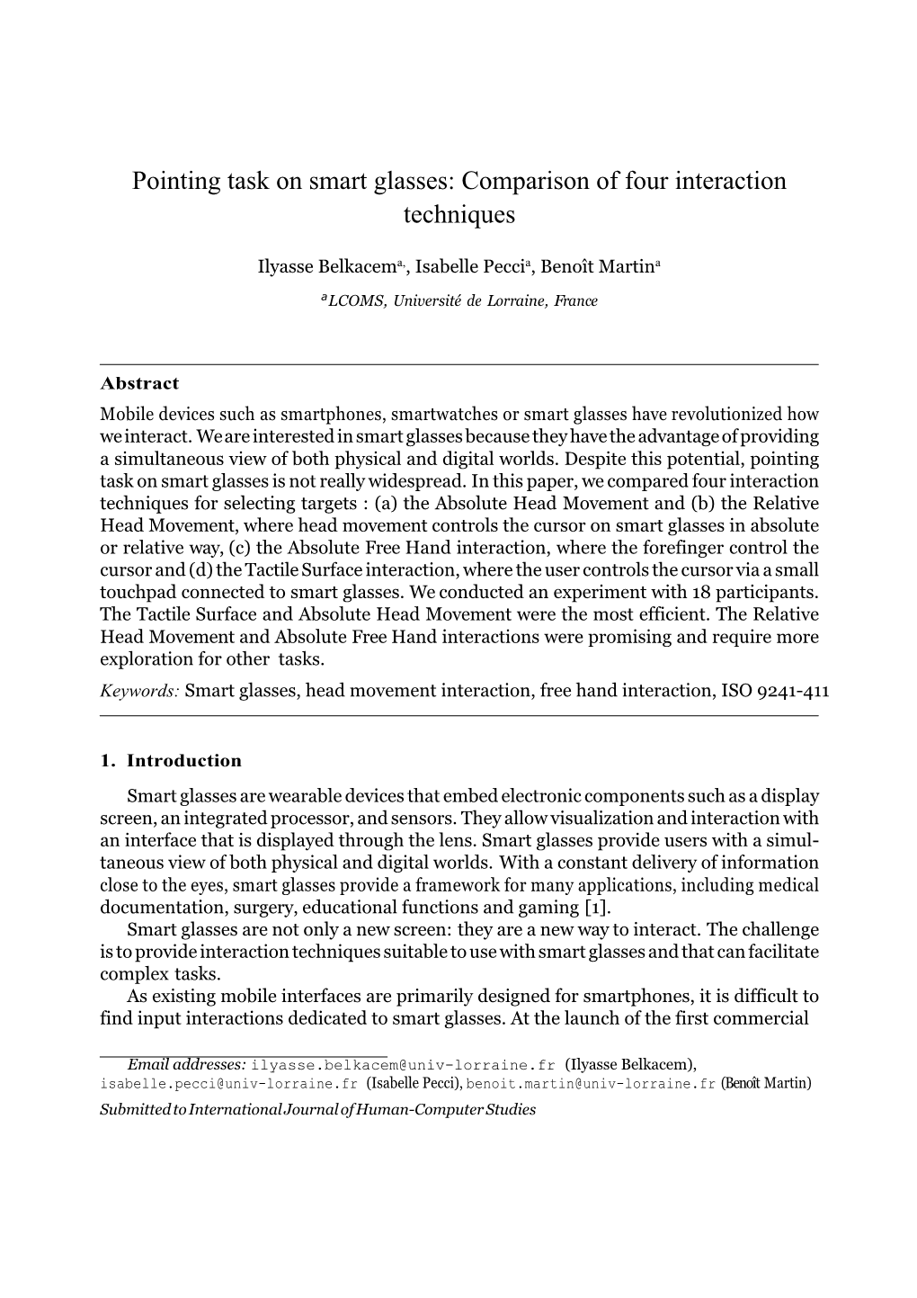 Pointing Task on Smart Glasses: Comparison of Four Interaction Techniques