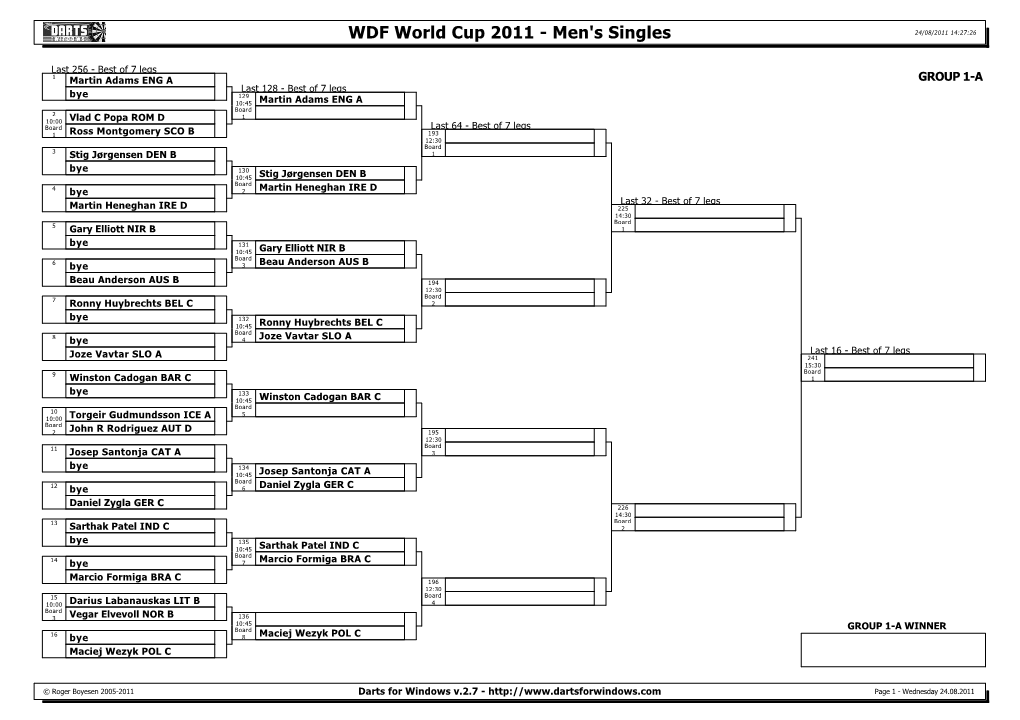 Darts for Windows V.2.7 - Page 1 - Wednesday 24.08.2011 WDF World Cup 2011 - Men's Singles 24/08/2011 14:27:26