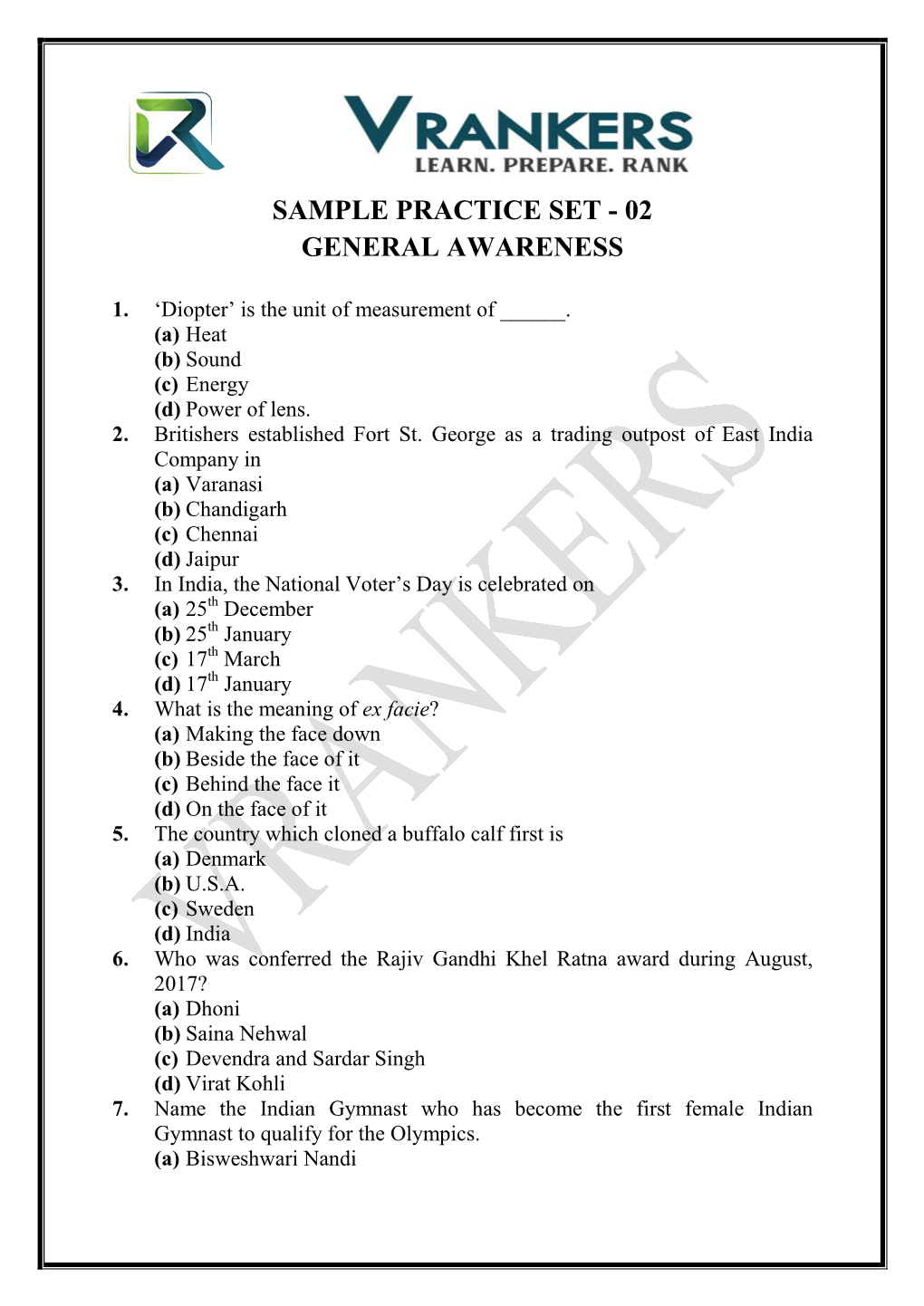 Sample Practice Set - 02 General Awareness