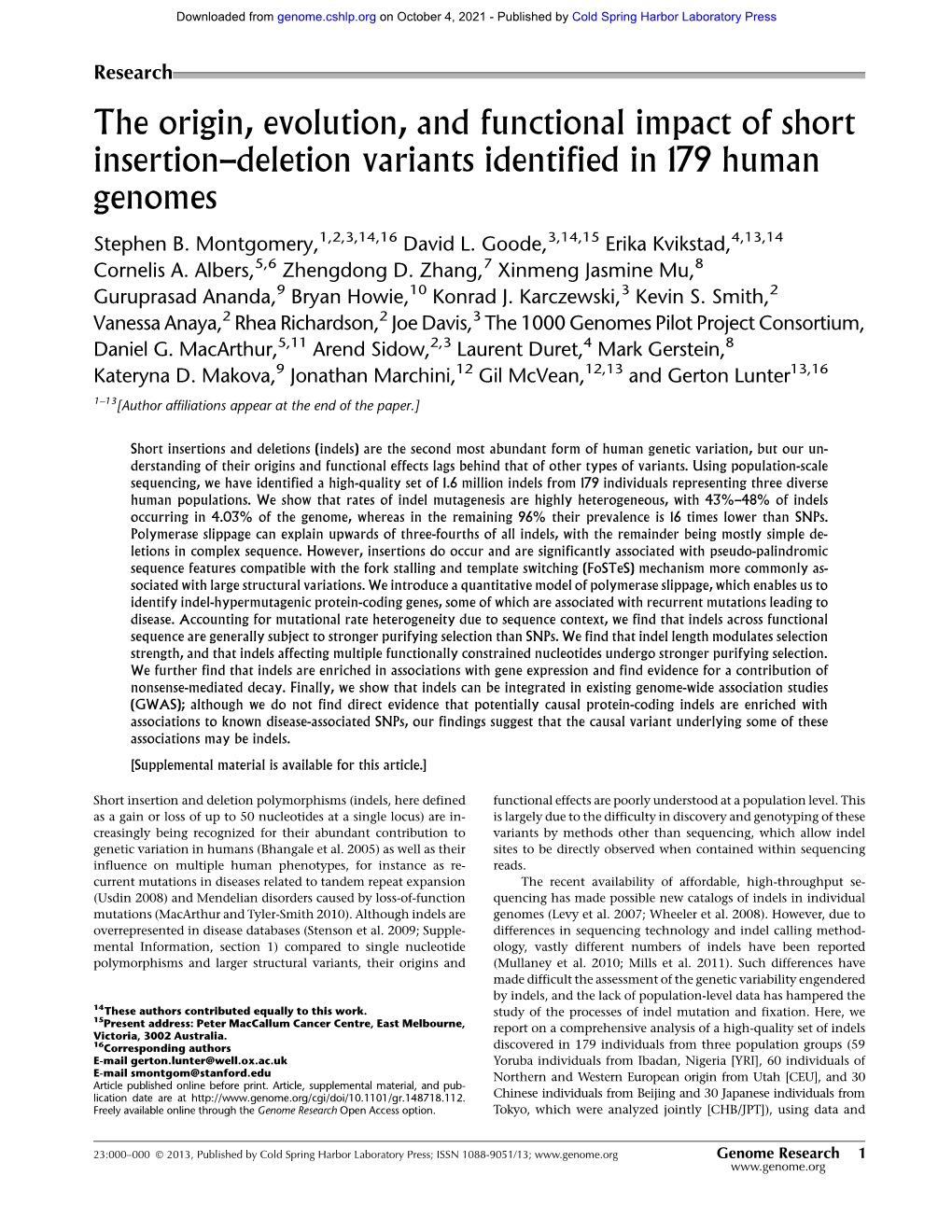 The Origin, Evolution, and Functional Impact of Short Insertion–Deletion Variants Identified in 179 Human Genomes